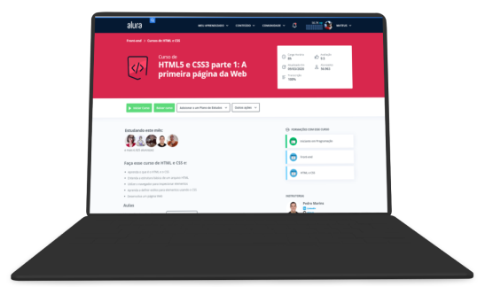 Um Notebook com o curso de HTM e CSS na Alura mostrando na tela